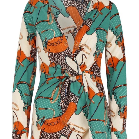 Boohoo - Green/Orange - Satin Chain Print Twist Shift Dress - UK 6/US 2 - NWT - Picture 11 of 12